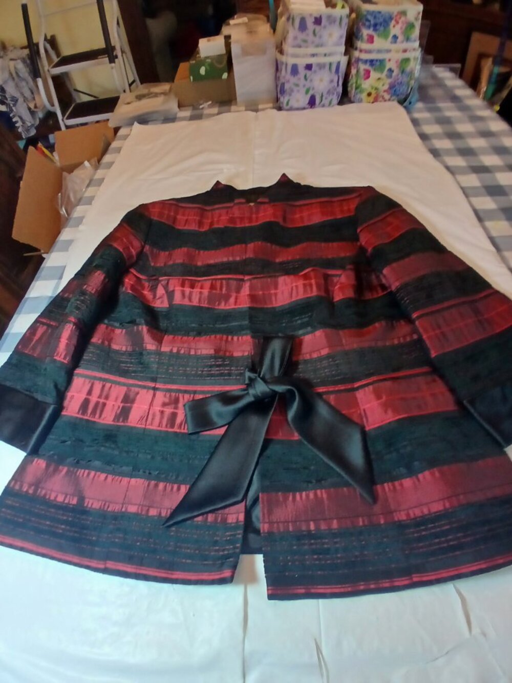 R & M Richards Maroon And Black Kimono styled Striped Jacket